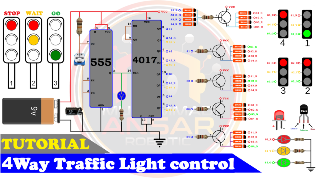 4 Way Traffic Light Control Using 555 Timer And CD4017