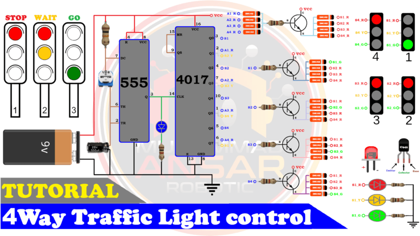 4 Way Traffic Light Control Using 555 Timer And CD4017 – MA Robotic